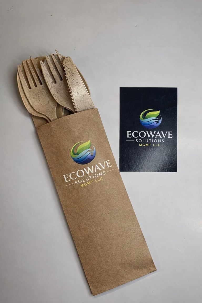 Ecowave branded wooden utensils in kraft paper packaging with matching black business card