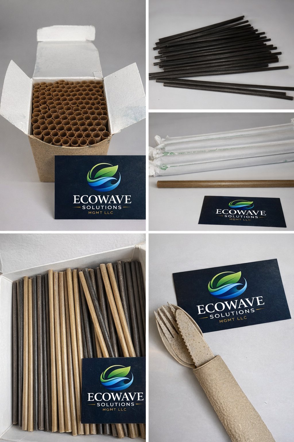 Ecowave Solutions eco-friendly product collection featuring cardboard straws, paper tubes, and sustainable packaging materials