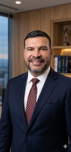 Professional man in navy blazer and burgundy tie smiling in modern office with wooden shelving and city view