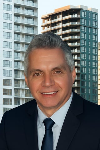 Professional headshot of middle-aged man in dark suit and tie, smiling at camera with modern apartment buildings in the background